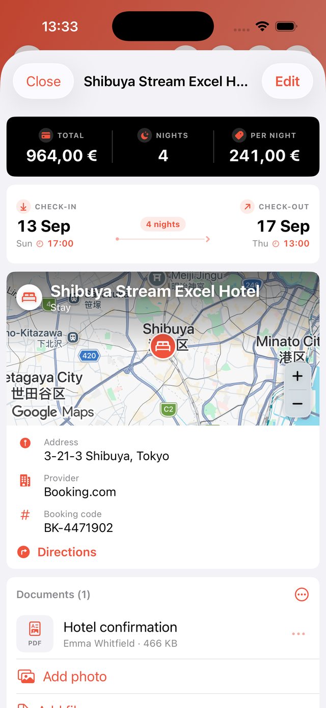 Detail of a booking in OhMyWay with times, confirmation code and attached documents