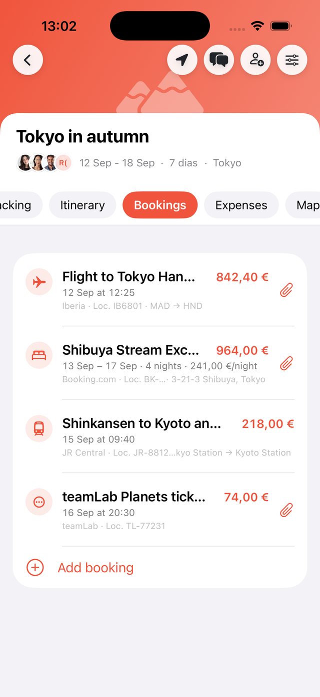 List of trip bookings (flights, car) with confirmation code in OhMyWay