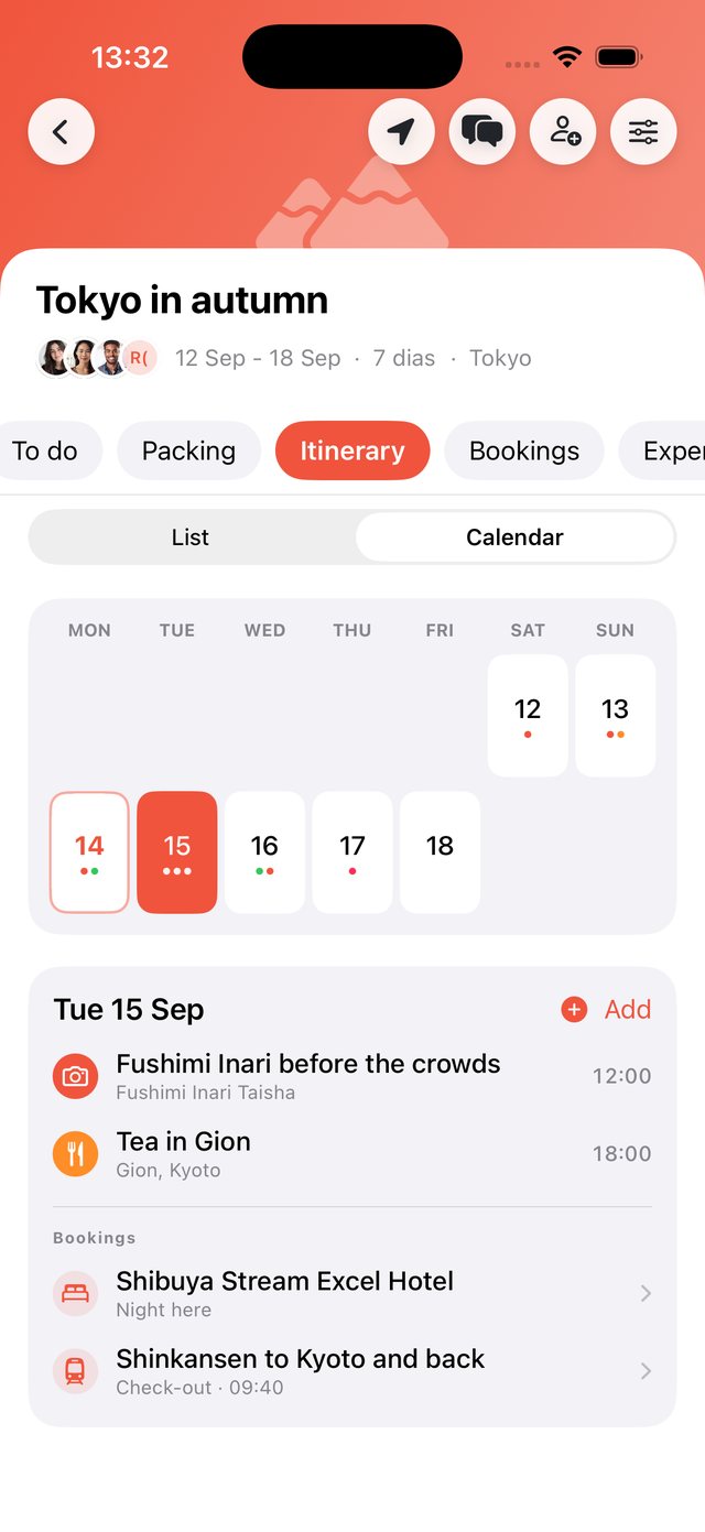 Calendar view of a trip in OhMyWay with stays as colour bands