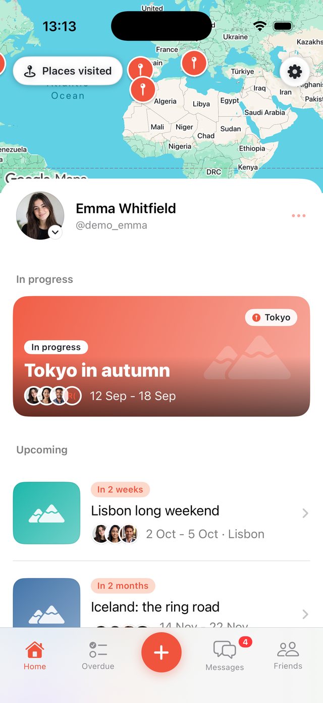 OhMyWay home screen with your trips and the world map