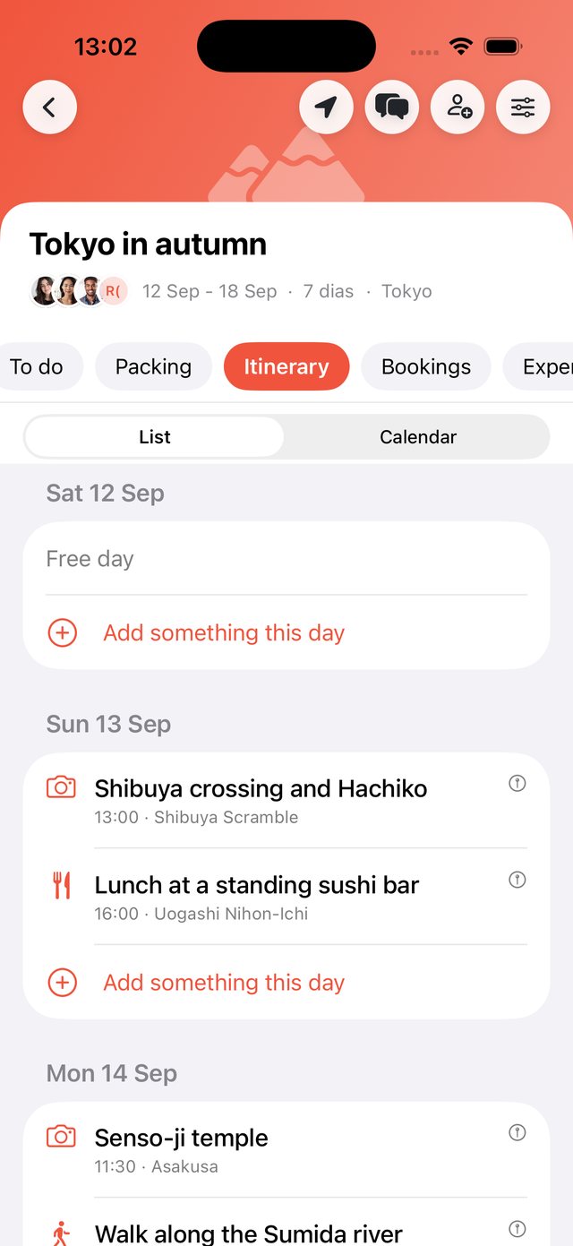 A trip itinerary organized by day in OhMyWay