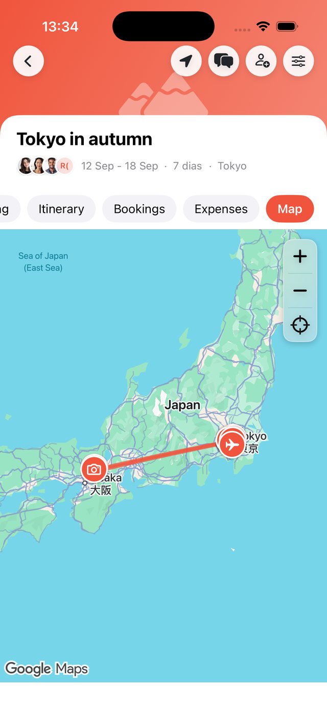 A trip map showing the day's route over the stops in OhMyWay