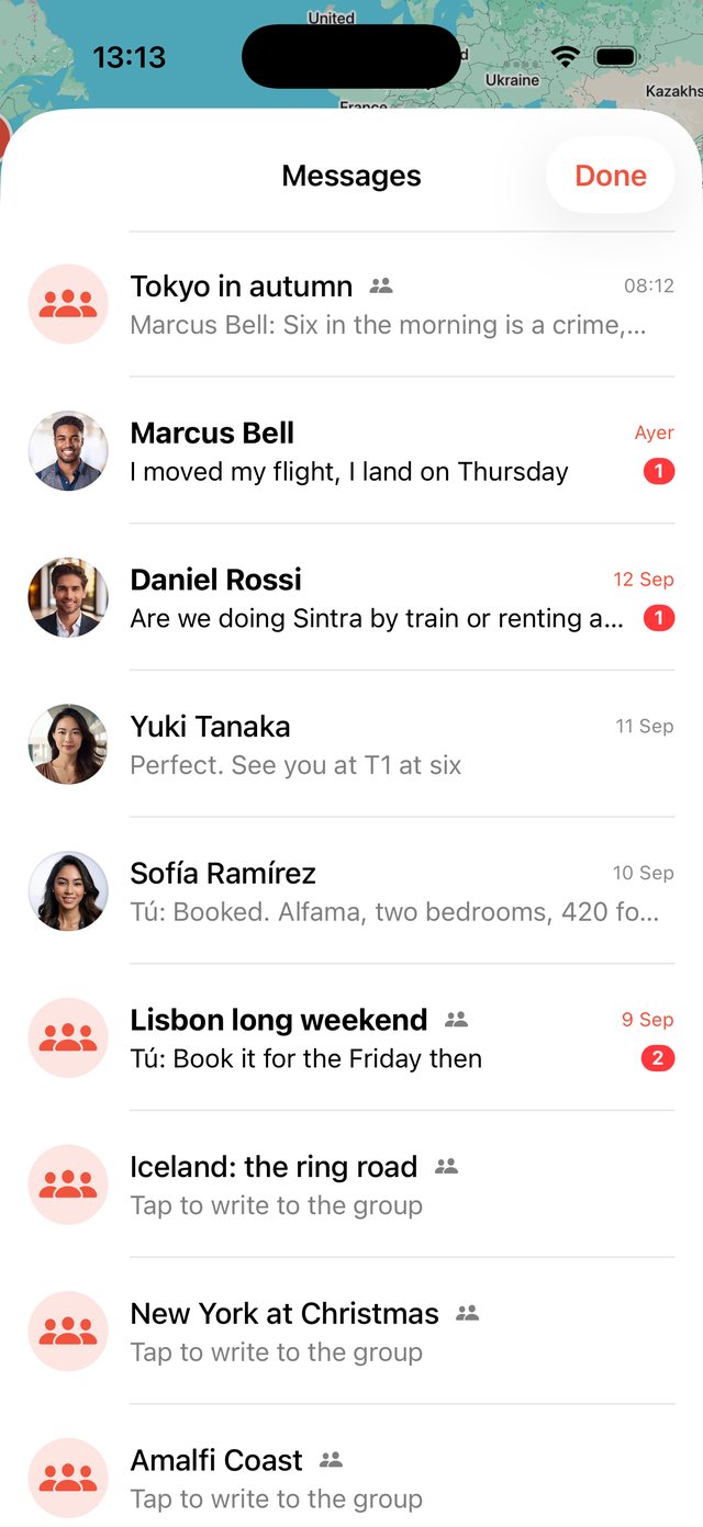 OhMyWay conversation list with each trip's group and private messages