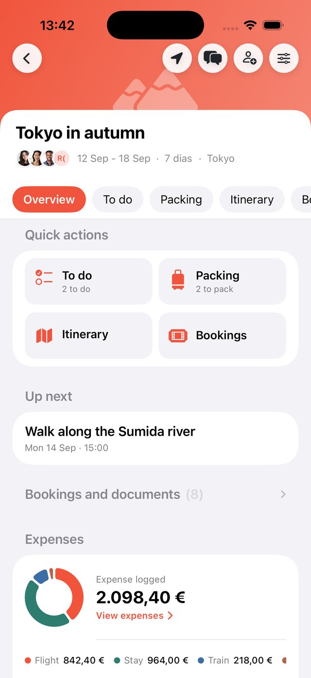 Overview of a trip in OhMyWay with quick actions, bookings, documents and spend