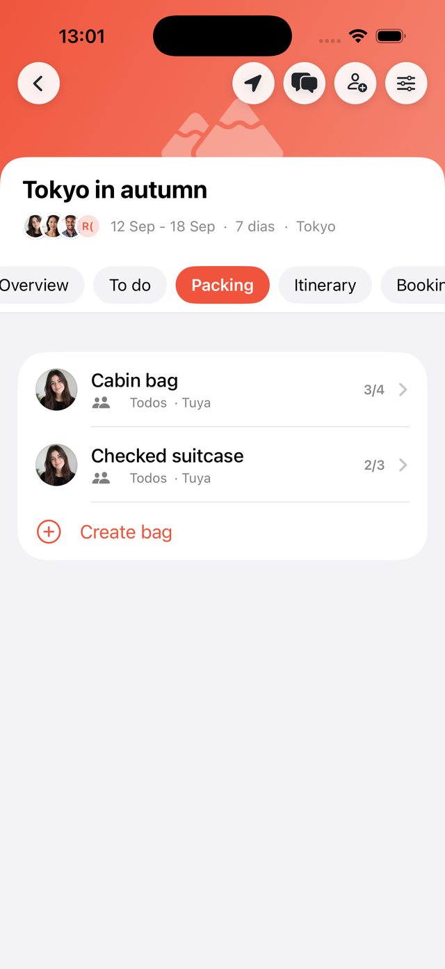 Trip packing list with quantities and progress in OhMyWay