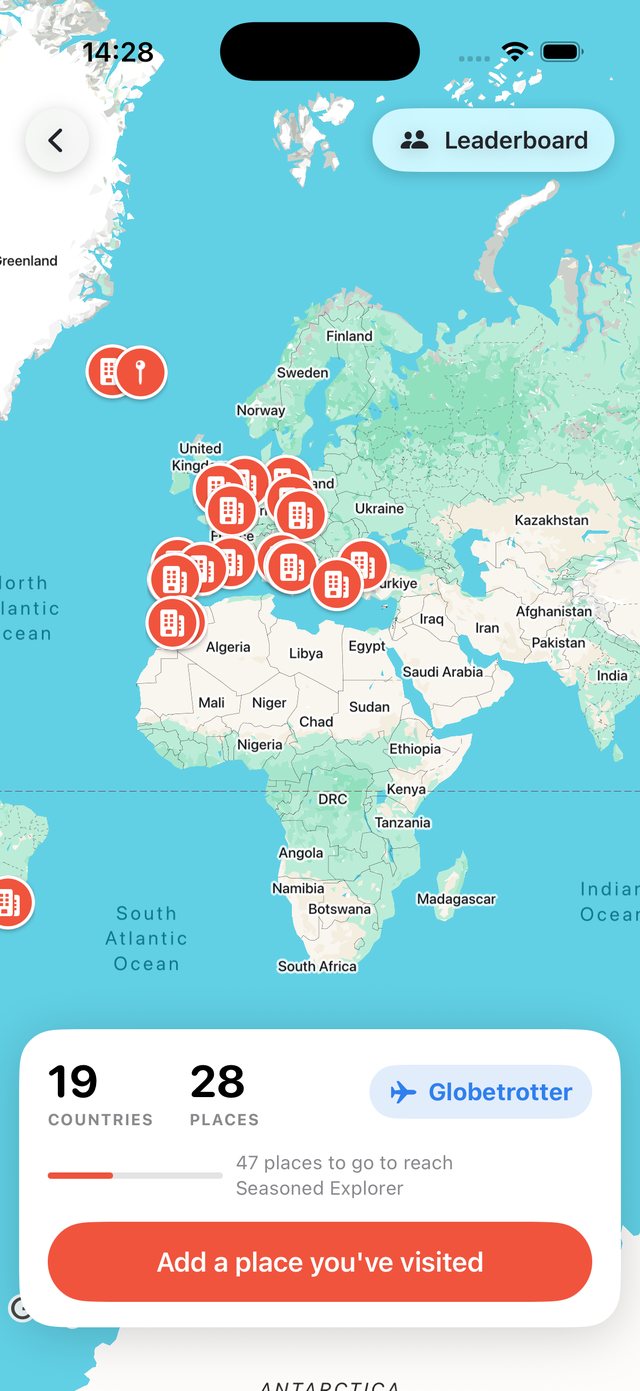 Map of places visited and explorer leaderboard in OhMyWay