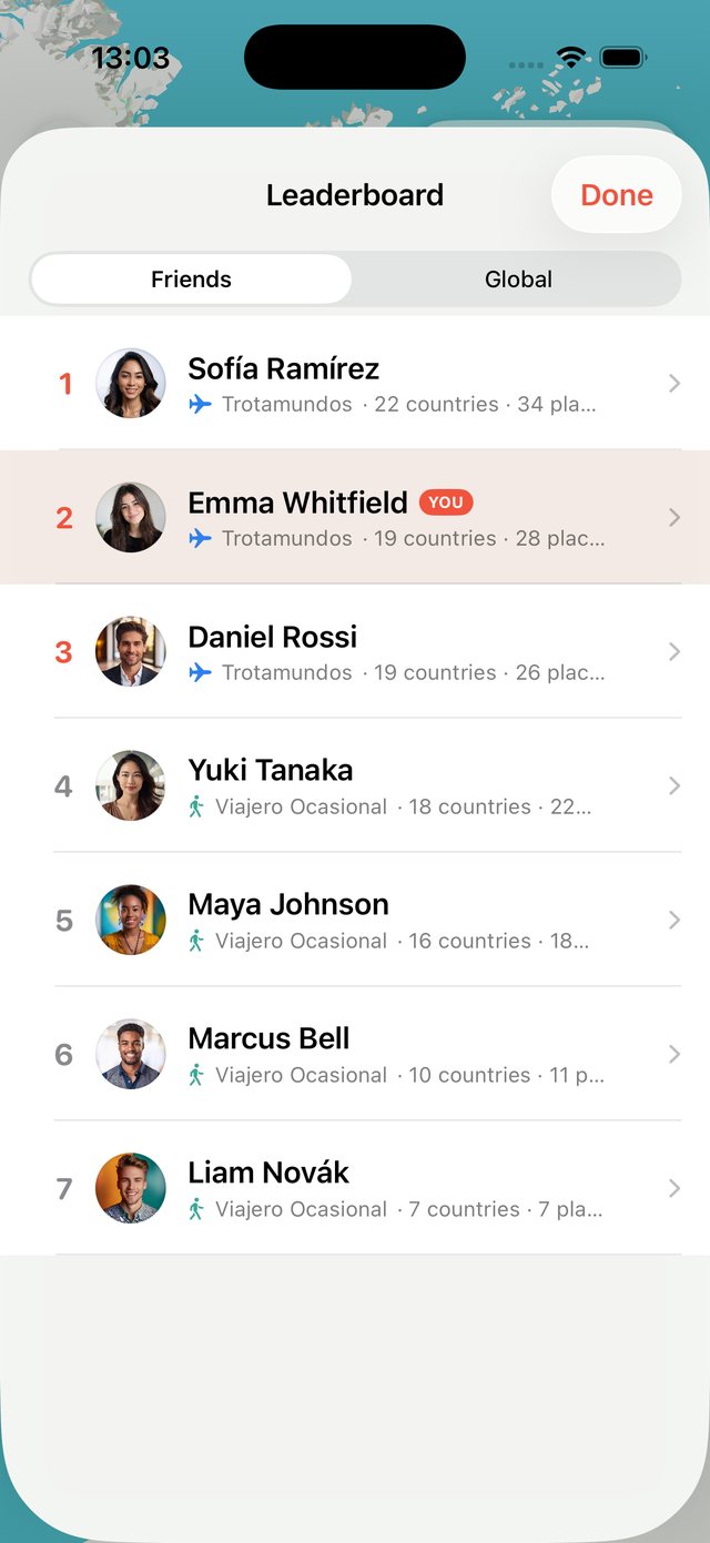 OhMyWay explorer leaderboard, among friends and global