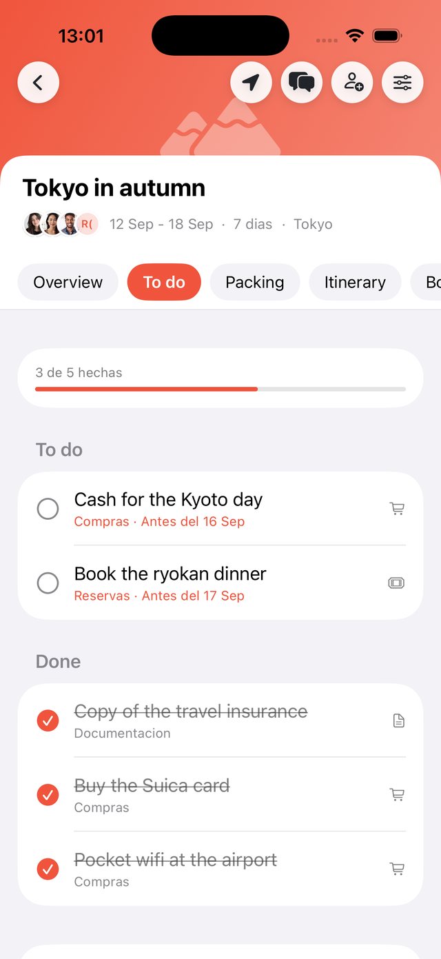 List of a trip's pending tasks in OhMyWay